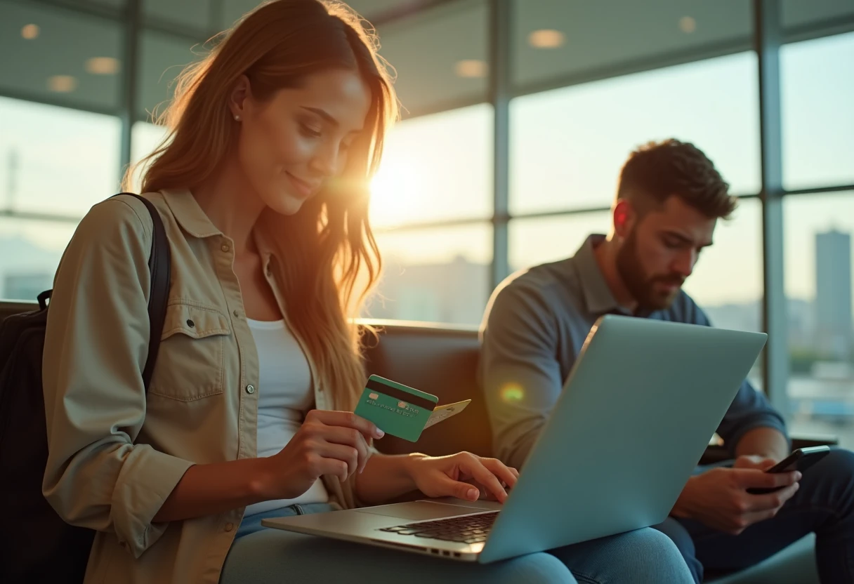 Freelancer preparing for travel in an airport lounge