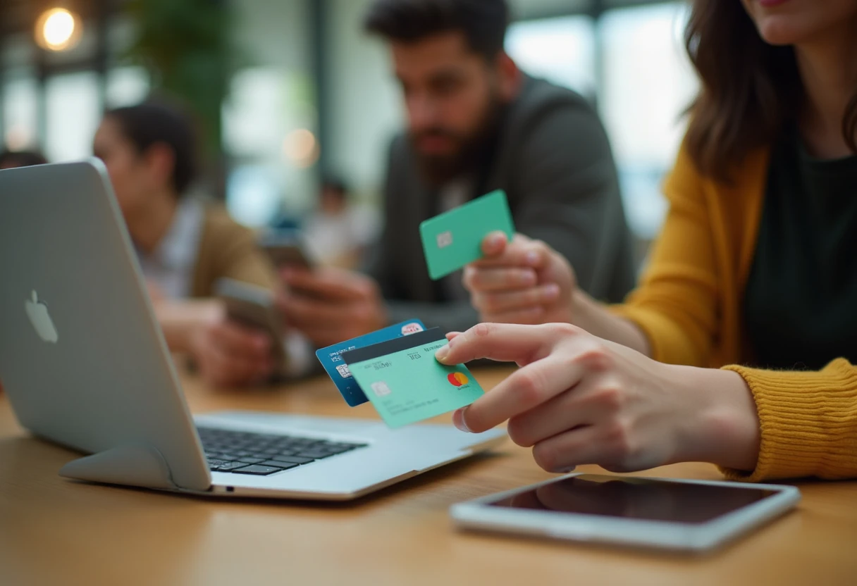 Personas revisando tarjetas de crédito en un café